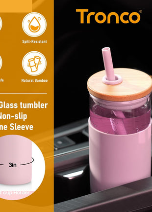 Tronco 20 oz Glass Tumbler with Lid and Straw, Iced Coffee Cup and Smoothie Cup with Bamboo Lids & Protective Silicone Sleeve, Dishwasher Safe, BPA-Free, Glass Cup 1 Pack