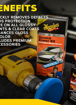 Meguiar's Quik Eraser Kit, Car Scratch Remover for Repairing Surface Blemishes, Car Scratch Repair Kit with ScratchX, Drill-Mounted Pad, and Microfiber Towel, 4 Count
