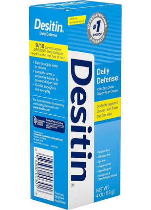 Desitin Daily Defense Baby Diaper Rash Cream with Zinc Oxide to Treat, Relieve & Prevent diaper rash, Hypoallergenic, Dye-, Phthalate- & Paraben-Free, 4 oz