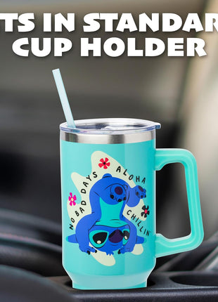 Silver Buffalo Disney Lilo and Stitch Aloha, Stainless Steel Tumbler, 40oz | Double Walled, Handle and Straw, Fits in Standard Cup Holder, Drinkware, Water Bottle, No Bad Days Chillin, Blue, 1.18 Liters