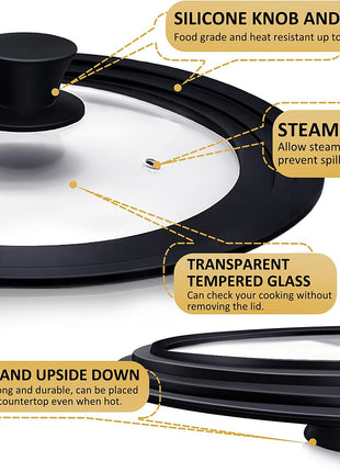 Ydeapi Universal Lid for Pots, Pans and Skillets, Pot Lid With Heat Resistant Silicone Rim and Tempered Glass,Fits 10", 11", 12" Diameter Pots and Pans