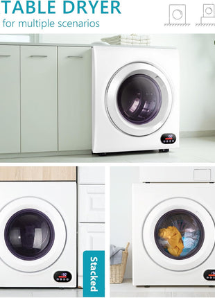 Euhomy Compact Laundry Dryer, 3.5 cu ft Front Load Stainless Steel Clothes Dryers With Exhaust Pipe, 1500W, LCD Control Panel Four-Function Portable Dryer For Apartments, Home, Dorm, White