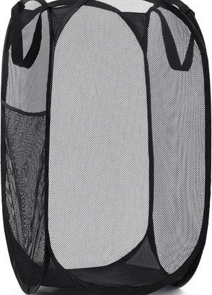 Handy Laundry Collapsible Mesh Pop Up Hamper with Wide Opening and Side Pocket   Breathable, Sturdy, Foldable, and Space Saving Design for Clothes and Storage (Black)