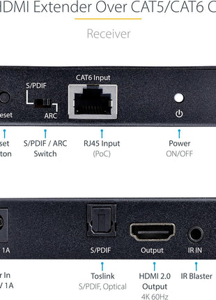 StarTech.com 4K HDMI Extender Over CAT5/CAT6 Cable, 4K 60Hz HDR Video Extender Up to 230ft (70m), HDMI Over Ethernet Cabling, S/PDIF Audio Out, HDMI Transmitter and Receiver Kit (4K70IC-EXTEND-HDMI)