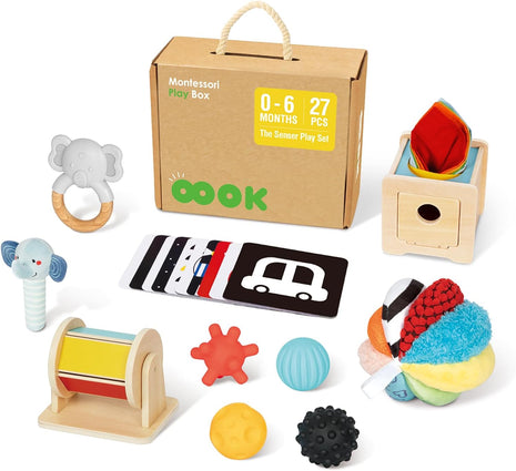 OOOK Montessori Toys 0-6 Months, Montessori Toy Set, 7 in 1 Newborn Baby Toys with Spinning Drum, Tissue Box Toy, Sensory Balls, Contrast Cards and More