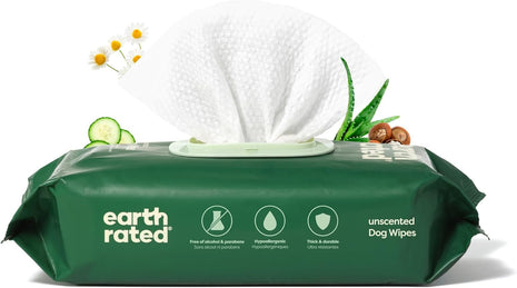 Earth Rated Pet Wipes for Dogs and Cats, Hypoallergenic, 3-in-1 Cleaning, Deodorizing and Hydrating, for Grooming Paws, Body and Butt, Unscented, 100 Count