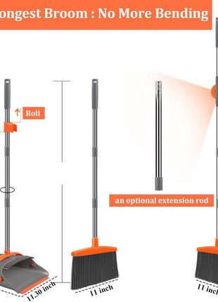 Broom and Dustpan Set for Home, Broom and Dustpan Combo for Office, Long Handle Broom with Upright Standing Dust pan,Indoor&Outdoor Sweeping (Gray&Orange)