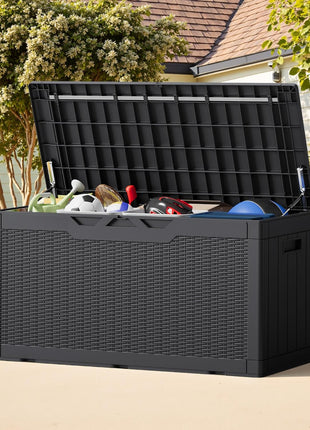 Greesum 100 Gallon Resin Deck Box Lockable Large Outdoor Storage Boxes for Garden Tools, Patio Furniture Cushions, Pool Supplies, Black