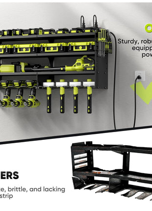 POKIPO Large Power Tool Organizer Wall Mount with Charging Station,4 Layer Heavy Duty Metal Tool Storage Rack Loads 600lbs with 8 Cordless Drill Holder,Battery Utility Rack Loads with 4 Power Strip