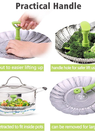 Consevisen Vegetable Steamer Basket for Cooking Food, Stainless Steel Veggie Steam Basket for Pot, Folding Expandable Steaming Insert with Extendable Handle Fits Various Size Pot, 5.1 inch to 9 inch
