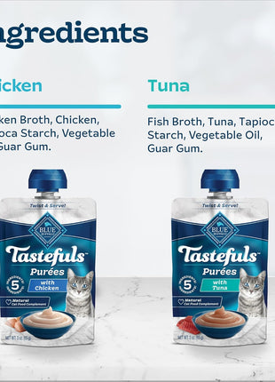 Blue Buffalo Tastefuls Purées Variety Pack, Natural Cat Food Complement, Resealable Twist Cap Pouches, Chicken and Tuna, 3-oz (Pack of 24), 12 of Each Flavor