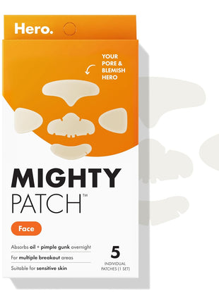 Mighty Patch Hero Cosmetics Face XL Hydrocolloid Face Mask for Acne, 5 Ct | 1 Complete Set for Nose, Chin, Forehead & Cheeks; Large Pimple Patches for Zit Breakouts; For Oily and Combination Skin