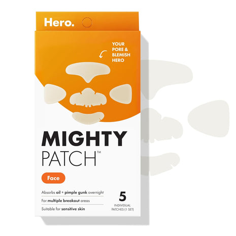 Mighty Patch Hero Cosmetics Face XL Hydrocolloid Face Mask for Acne, 5 Ct | 1 Complete Set for Nose, Chin, Forehead & Cheeks; Large Pimple Patches for Zit Breakouts; For Oily and Combination Skin