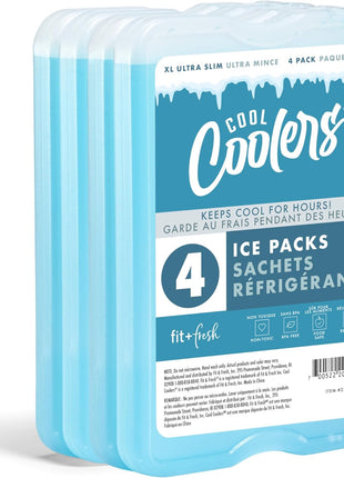 Cool Coolers by Fit & Fresh 4 Pack XL Slim Ice Packs, Quick Freeze Space Saving Reusable Ice Packs for Lunch Boxes or Coolers