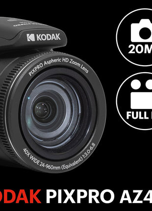 KODAK PIXPRO AZ405 20MP Digital Camera, 40x Optical Zoom, AA, OIS, Black | 1080p Full HD Video, 24mm Wide Angle Lens, 3 Inch LCD, Bridge Camera, Scene Detection, Travel and Wildlife