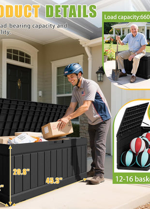 Greesum Outdoor Storage Box 82 Gallon Storage Bin with Lid for Patio Furniture, Garden Tools, Pool Supplies, Waterproof and UV Resistant, Lockable, Black