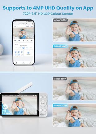 ieGeek 5.5inch Baby Monitor,Audio Monitor with 2.5K Ultra HD 2.4G&5Ghz WiFi Camera,Night Light,Face Covering&Cry Detection,Two-Way Talk,Night Vision,Temp&Humidity Sensor,4000mAh Battery,App Control