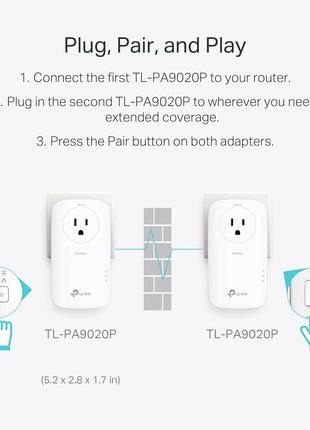 TP-Link AV2000 Powerline Ethernet Adapter, Passthrough, 2 Gigabit Ports | Powerline Network Adapter, 2x2 MIMO, Ethernet Over Power, Plug Pair & Play, Power Saving, Free Expert Help (TL-PA9020P KIT)