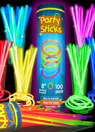 PartySticks Glow Sticks Party Supplies 100pk - 8 Inch Glow in the Dark Light Up Sticks Party Favors, Glow Party Decorations, Neon Party Glow Necklaces and Glow Bracelets with Connectors
