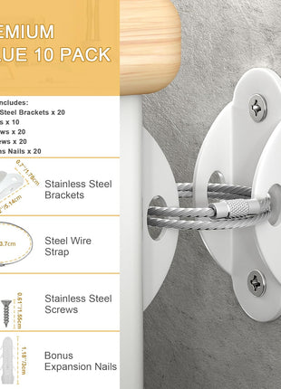 Booda Brand Furniture Anchors (10 Pack) for Baby Proofing, Furniture Straps Anti Tip Furniture Anchor Securing 400 lbs/Keep Baby Pet Safety from Falling Furniture, Metal White Earthquake Straps