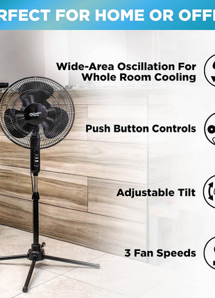 Comfort Zone Electric Oscillating Pedestal Fan, Stand Fan, 16 inch, 3 Speed, 90 Degree Oscillating Head, Adjustable Height and Tilt, Airflow 7.48 ft/sec, Ideal for Home, Bedroom & Office, CZST161BTEBK