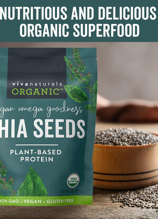 Viva Naturals Organic Chia Seeds, 2 lb, 32 Oz – Plant-Based Omega-3 and Vegan Protein, Gluten Free & Non-GMO, Perfect for Smoothies, Salads & Chia Pudding