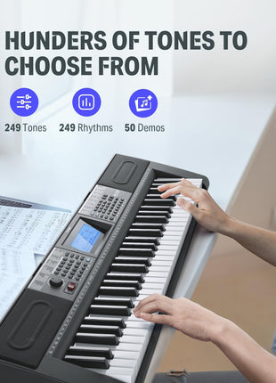 Donner 61 Key Keyboard Piano, Electric Piano Keyboard Kit with 249 Voices, 249 Rhythms   Includes Piano Stand, Stool, Microphone, Gift for Beginners, Black (DEK 610S)