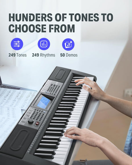 Donner 61 Key Keyboard Piano, Electric Piano Keyboard Kit with 249 Voices, 249 Rhythms   Includes Piano Stand, Stool, Microphone, Gift for Beginners, Black (DEK 610S)