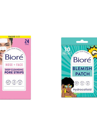 Biore Bundle of Bioré Blackhead Remover Pore Strips, 12 Nose + 12 Face Strips for Chin or Forehead, Instant Blackhead Removal, 24 Ct Value Size Pimple Patches, Ultra-Thin Hydrocolloid, 30 count