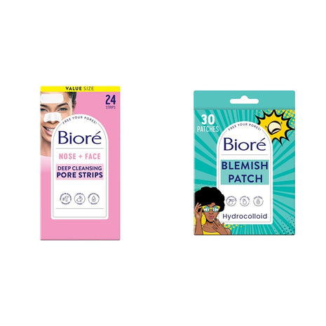 Biore Bundle of Bioré Blackhead Remover Pore Strips, 12 Nose + 12 Face Strips for Chin or Forehead, Instant Blackhead Removal, 24 Ct Value Size Pimple Patches, Ultra-Thin Hydrocolloid, 30 count