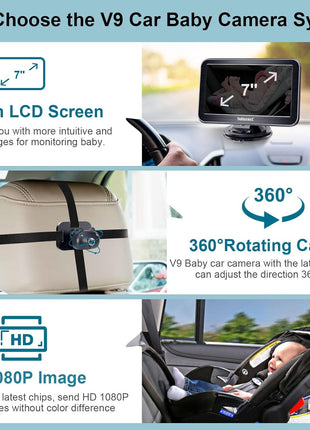 DoHonest Baby Car Camera 7-Inch: USB Plug and Play Easy Setup 360 Degree Rotating Backseat Camera Two Kids HD 1080P Rear Facing Car Seat Cameras Clear Night Vision -V9