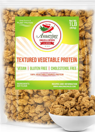 Textured Vegetable Protein (TVP), Unflavored, 1 lb. Bag, Natural Plant Based Vegan Protein Chunks, Non-GMO and Gluten Free Crumbles, Cholesterol Free by Amazing Chiles