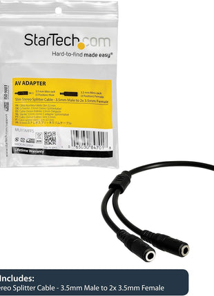 StarTech.com 3.5mm Audio Extension Cable - Slim Audio Splitter Y Cable and Headphone Extender - Male to 2x Female AUX Cable (MUY1MFFS)
