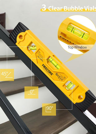 Torpedo Level Magnetic, Firecore 9 Inch Shockproof Small Leveler Tool with 3 Bubble Spirit Level 45 90 180 Degree, Construction Levelers for Hanging Pictures Install Shelf Home Renovation