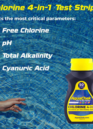 AquaChek Yellow 4-Way Pool and Spa Test Strips - 50 Yellow Test Strips - Swimming Pool Test Strips For pH, Free Chlorine, Total Alkalinity, and Cyanuric Acid - Quick and Accurate Results - Testing Kit