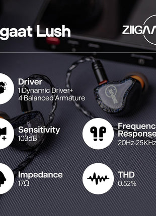 Linsoul ZiiGaat Lush in Ear Monitor, 1DD+4BA Hybrid Earphone IEM
