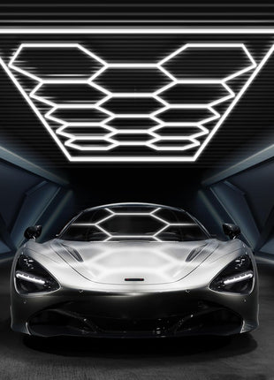 FERUERW Hexagon Garage Lights with Rectangle Frame, High Brightness 672W 86400LM 6500K, 14 Hex Grid for Garage, Shop, Basement, Car Detailing Shop etc. with Mounting Clip