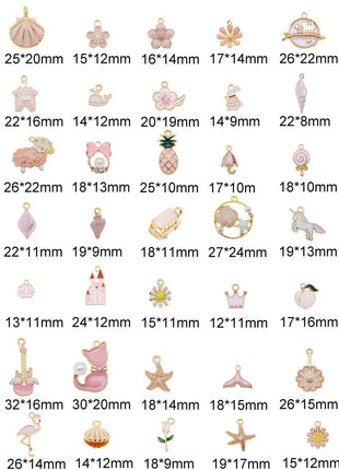 40pcs(20PAIRS) Assorted Gold Tone Enamel Animals Fruit Moon Star Dainty Dangle Flowers Pendants Charms for Jewelry Making Necklace Bracelet, Pink Theme
