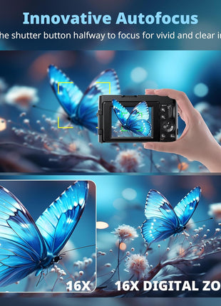 4K Digital Camera for Photography, UHD Autofocus 48MP 180? Flip Screen 16X Zoom Compact Point Shoot Vlogging Camera for YouTube with 2 Batteries, 32GB Card (Black)