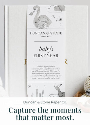 Duncan & Stone Baby Book First Year Memory Keepsake, Linen, Cream | Record milestones, photos & ultrasounds in a 112-page linen baby book; a boy or girl new mom keepsake gift