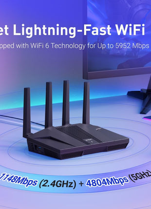 GL.iNet GL-MT6000 (Flint 2) WiFi 6 High Speed Gaming Routers for Wireless Internet, 2 x 2.5G Ethernet Ports, Long Range Computer VPN WiFi Router, Home & Business