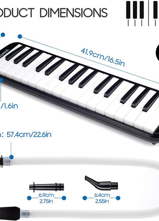 CAHAYA Melodica Piano Keyboard 32-Key with Case for Beginners Black | Portable Keyboard Instrument with 2 mouthpieces and carry bag ideal gift for kids student school lessons practice performance