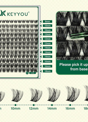 KEYYOU Lash Clusters Kit 144pcs Thick Volume D Curl Eyelash Clusters Lash Extension Kit with Mascara Brush Bond and Seal Glue Remover Applicators and Brush for DIY Lash Extensions (Y02)