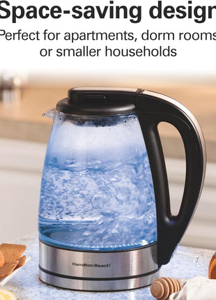 Hamilton Beach 1 Liter Electric Tea Kettle, Water Boiler & Heater | Fast Boiling 1500 Watts | BPA Free | Cordless Serving | Auto-Shutoff & Boil-Dry Protection | Blue LED | Clear Glass