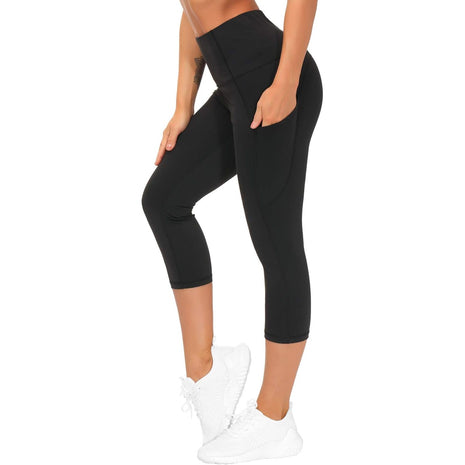 THE GYM PEOPLE Thick High Waist Capris Yoga Pants with Pockets, Tummy Control Workout Running Yoga Leggings for Women Black