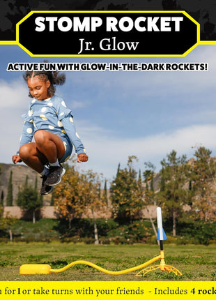 Stomp Rocket Jr Glow Rocket Launcher for Kids, 4 Rockets - Glow in The Dark | Fun Outdoor Toys for Boys & Girls, Ages 3 & Up - Soft Foam Blaster Set Soars Up to 100ft - STEM Toys for Outside & Backyard