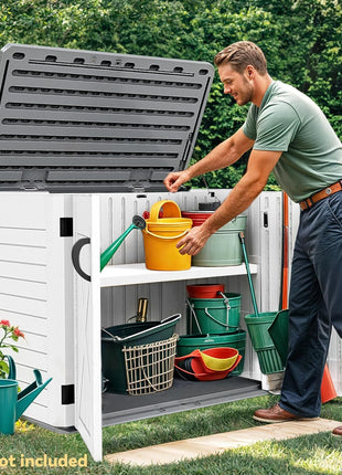 DWVO Outdoor Storage Shed, Weatherproof Resin, 35 Cu Ft Capacity, Horizontal Design, X-Shaped Lockable Door, Suitable for Bike, Garden Tools, Trash Cans, Light Gray