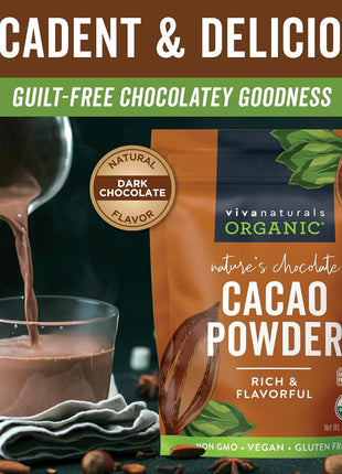 Organic Cacao Powder, Unsweetened, 1 lb (454 g) – Rich Dark Chocolate Flavor, Perfect for Baking, Smoothies & Hot Chocolate – Vegan, Keto, Paleo, Non-GMO & Gluten-Free Cocoa Powder