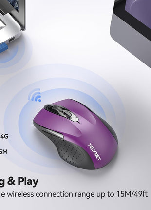 TECKNET Wireless Mouse, 2.4G Ergonomic Computer Mouse, 2600 DPI, Purple | Ergonomic Design with Side Grips, Adjustable DPI, 2-Year Battery, Compact Size, USB-A Plug & Play, Wide OS Compatibility