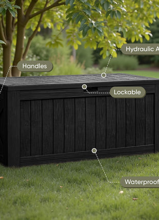 Flamaker Resin Deck Box 120 Gallon Waterproof Large Outdoor Indoor Storage Box Imitation Wood Resin for Patio Furniture Garden Tools and Pool (Black)